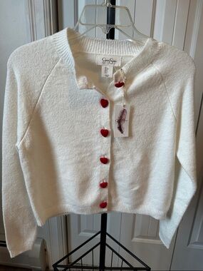 Jessica Simpson Cream Knit Cardigan with Red Heart Buttons
